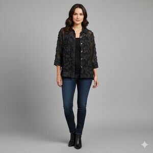 Mirasol Womens Size Small Black Floral Applique Mesh Button Up Shirt‎ Sheer Boho